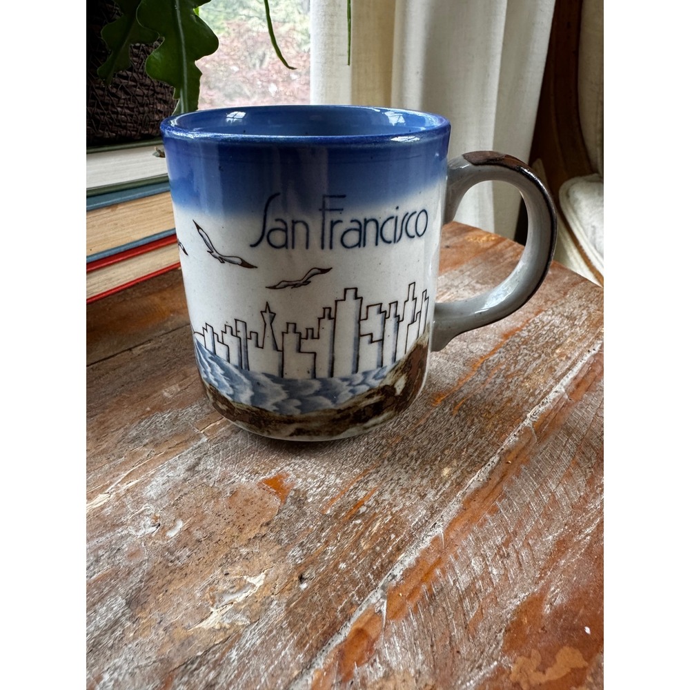 Vintage Mico San Francisco Golden Gate Bridge Stoneware Coffee Mug Blue Rim